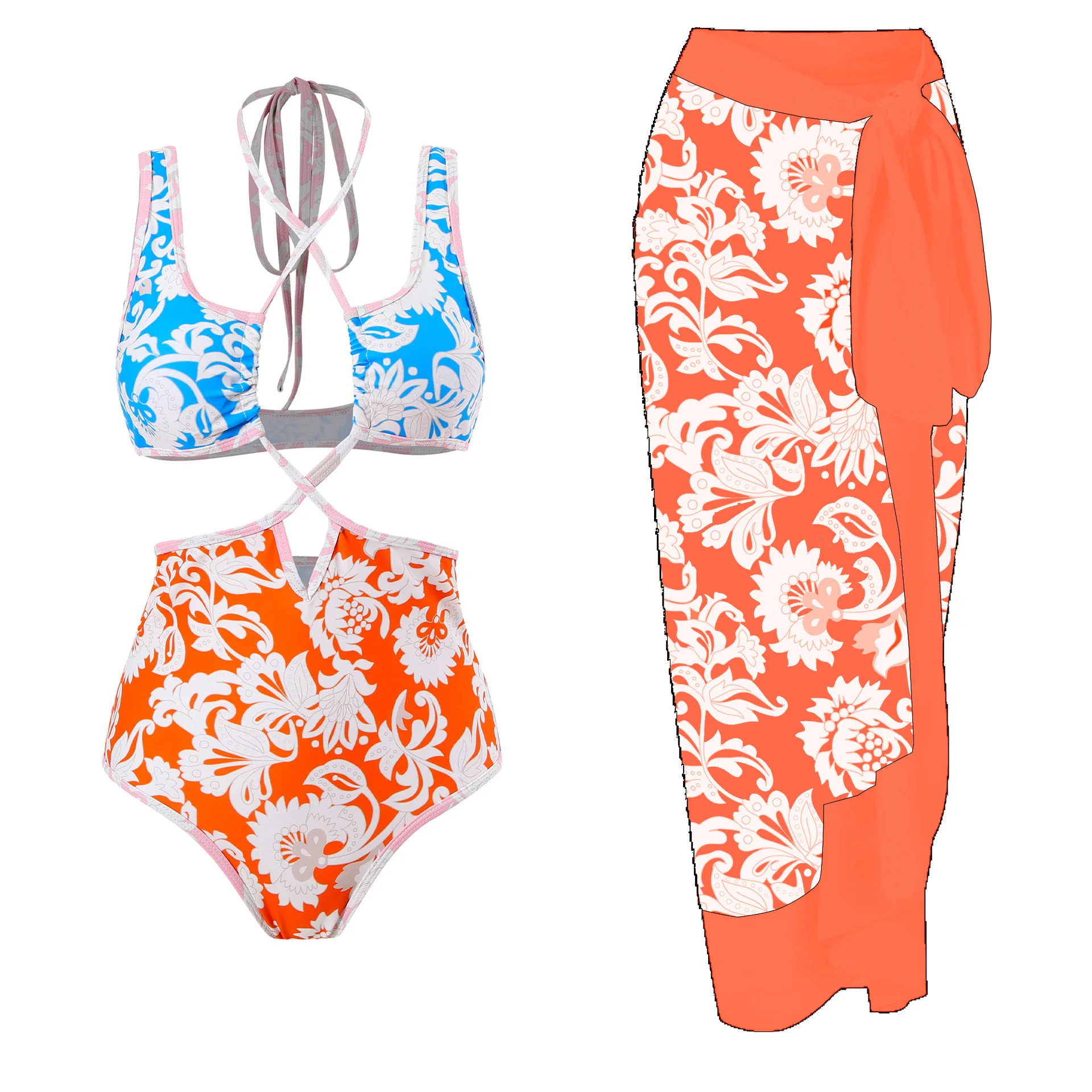 

Women Swimsuits One-Piece Swimsuit with Contrast Flower Pattern Connected by Thin Straps around the Waist, with a Cover-Up