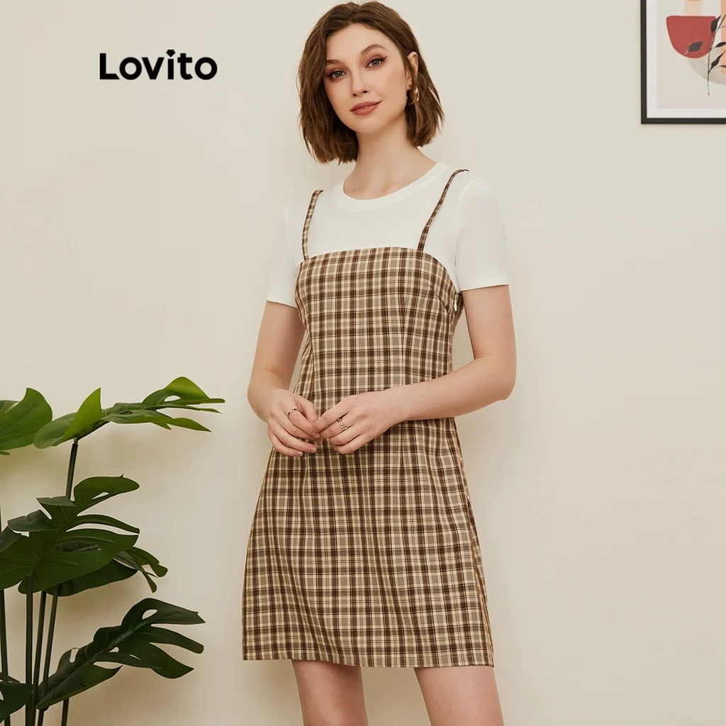 

Lovito Preppy Gingham Stitching 2 In 1 Short Sleeve Round Neck Dress For Women L19D013 (Beige)