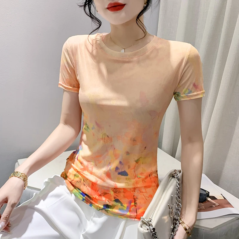 

2023 Summer Fashion Mesh Print Short Sleeve Crewneck T-shirt Slim Women's Tee Shirt Top for Women Blouses Fashion New korea