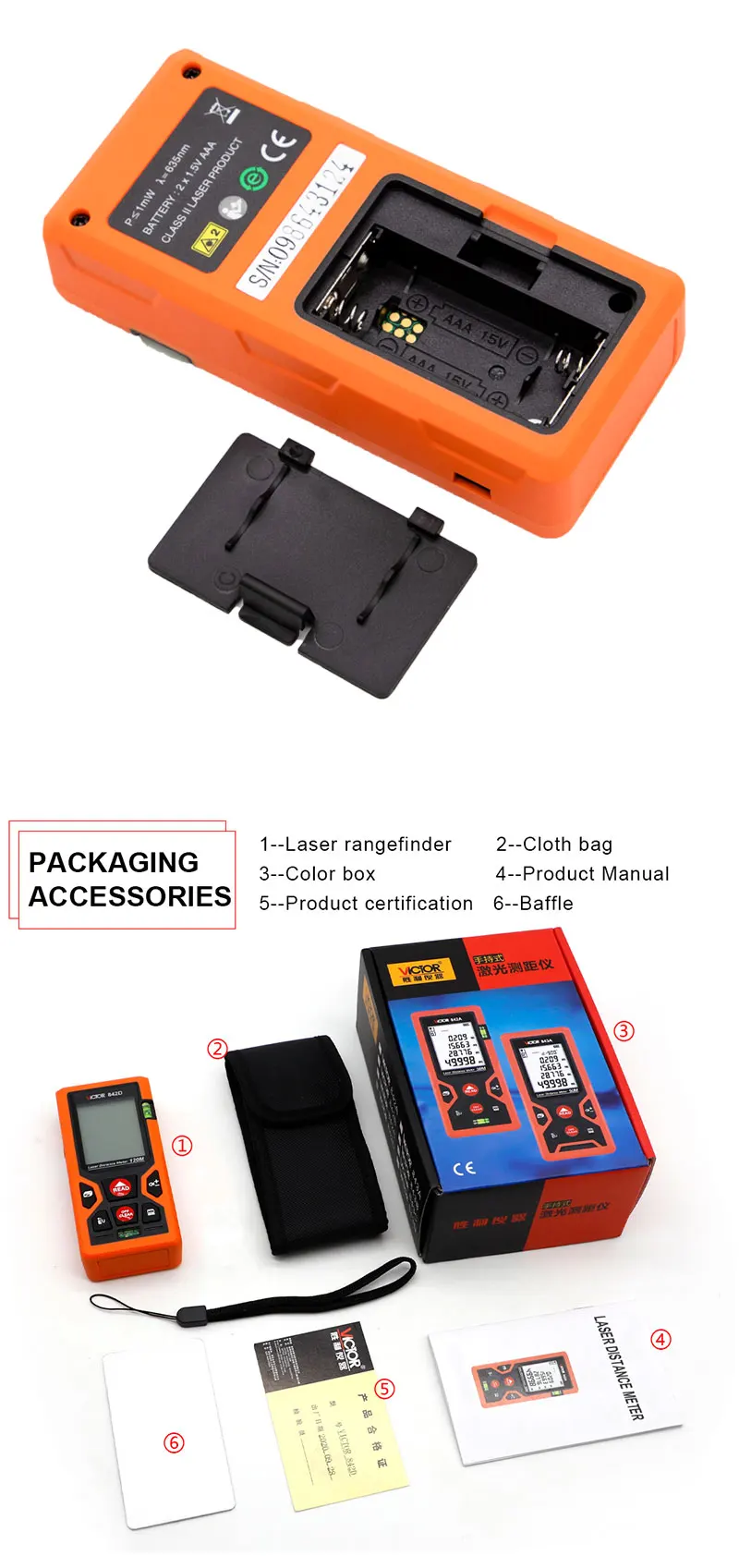 842A Макс. расстояние 50 м Ручной цифровой лазерный дальномер Лазерный класса II