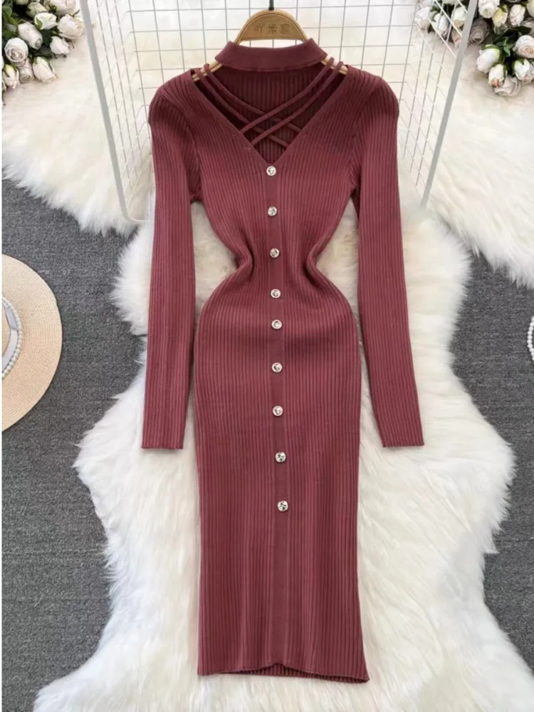 

Autumn Korean Crossed Cleavage Sweater Dress Women Slim Elastic Buttons Elegant Vestido Lady High Street Bodycon Knitted Robe
