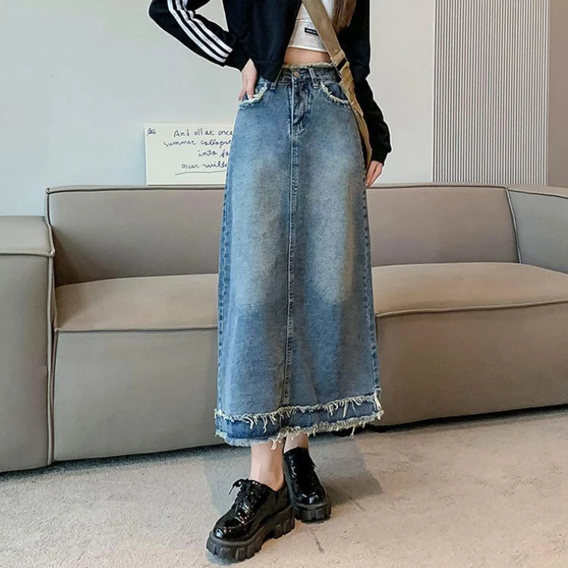 

High Waist A Line Trimmings Denim Skirt Women's Clothing Half Length Skirt Ins Casual Vintage Wrapped Hip Straight Pocket Skirts