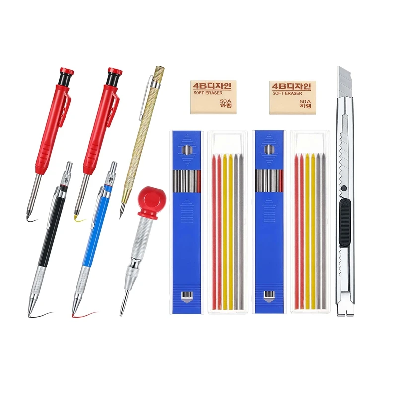 

4 Pieces Solid Carpenter Marking Pencil with Built-in Sharpener 36 Marker Refills for Construction Woodworking Tools