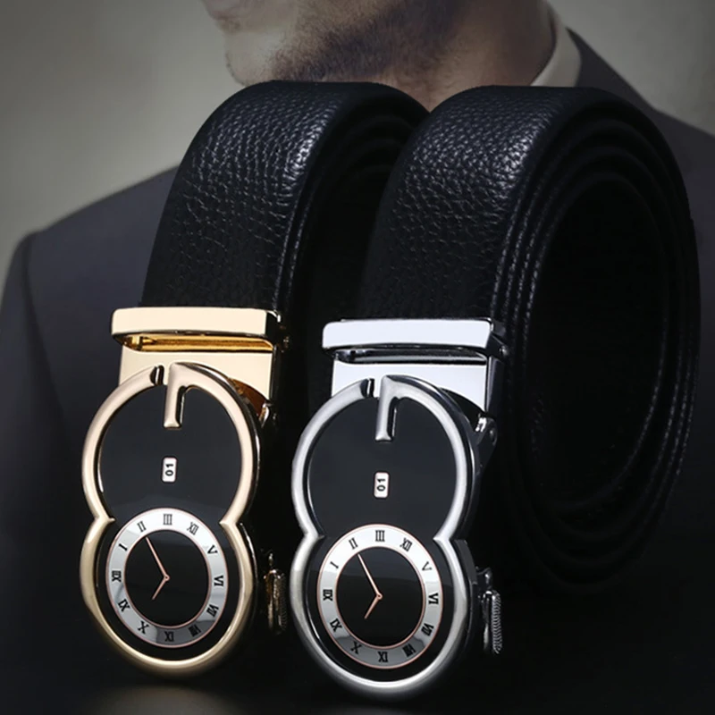 

Fashion Men's Belt Clock Hand Print Pattern Alloy Automatic Buckle Business Casual High Quality Soft Leather Litchi Pattern Belt