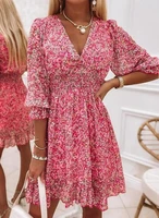 women dresses summer 2022 sexy v neck floral print boho beach dress ruffle mid sleeve a line mini dress wrap sundress robe