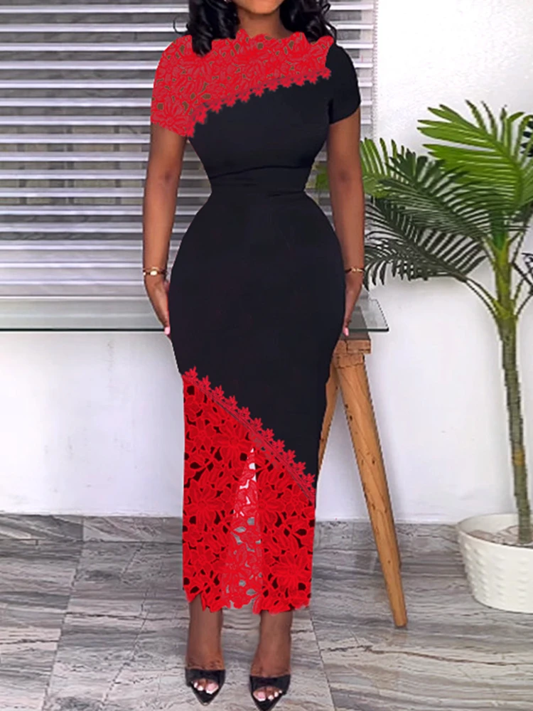 Красные кружевные облегающие платья для женщин с круглым вырезом и коротким