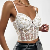 sexy lace bra top embroidery floral fishbone corset mesh perspective wrap bra small vest female hollow beauty back brassiere
