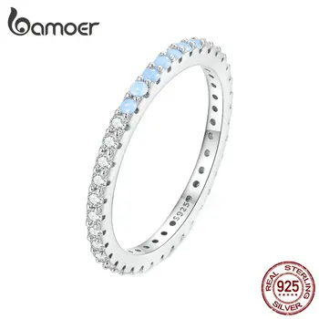 Bamoer 925 스털링 실버 블루 심플 핑거 링, 스태커블 이터니티 밴드, 여성용 선물, 백금 도금 파인 쥬얼리, BSR335