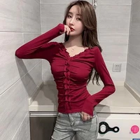 fungus edge v neck bottoming sexy t shirt women tshirt new clothing in autumn and winter medium sleeve t shirt with long sleeve