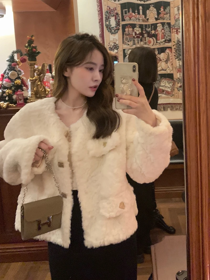 2022 New Fashion New Young Style Winter Jacket Women Faux Fake Fur Coat Thick O Collar Warm Slim Pocket Streetwear Outerwear H10