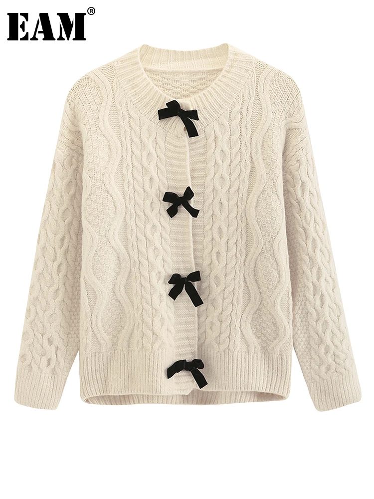 

[EAM] Apricot Bow Big Size Knitting Cardigan Sweater Loose Fit O-Neck Long Sleeve Women New Fashion Spring Autumn 2023 1DH0392