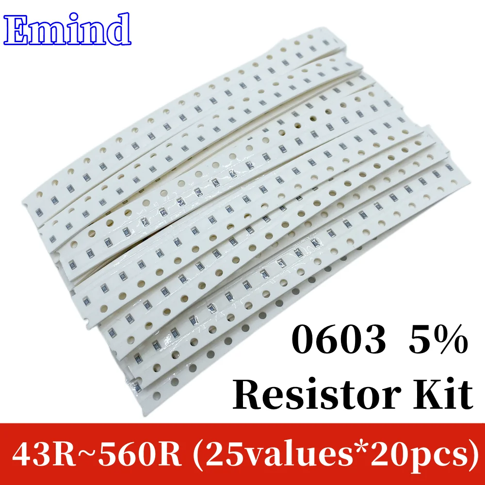 

Комплект резисторов 0603 SMD, 1/2/3 партии, набор в ассортименте 43R ~ 560R 5% 25 значений * 20 = 500 шт. 47R 56 62 82 120 200 220 240 300 390 430 470 Ом