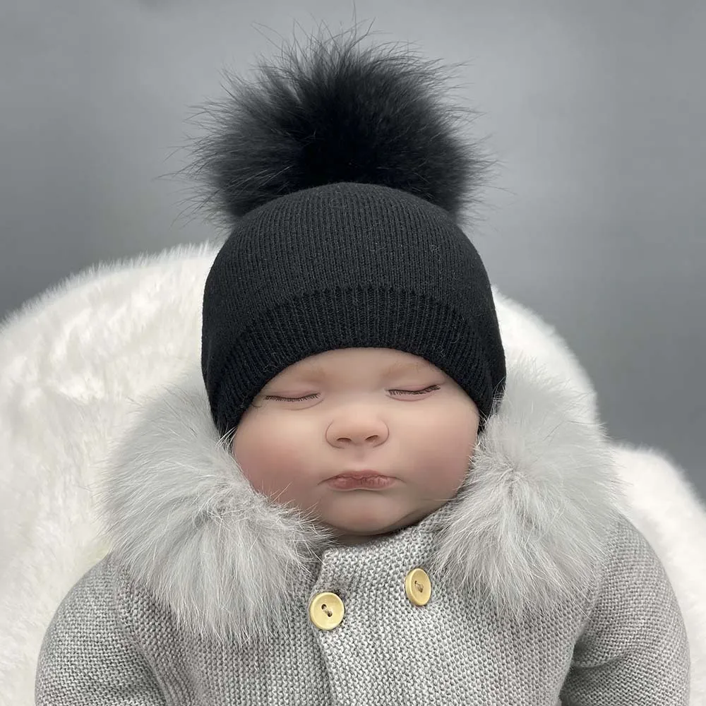 

JANEFUR Children Winter Hat Wool Beanie Warm Real Fur Pom Pom Cap for Kid Boys Girls Wholesale Cute Toddler Bobble Hat 1-3 Years