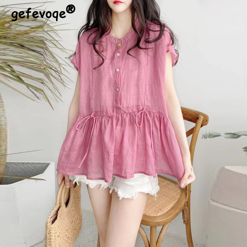 

Women's Clothing Sweet Cute Chic Button Shirt Summer Trendy Solid O Neck Short Sleeve Blouse Casual Loose Drawstring Tops Blusas