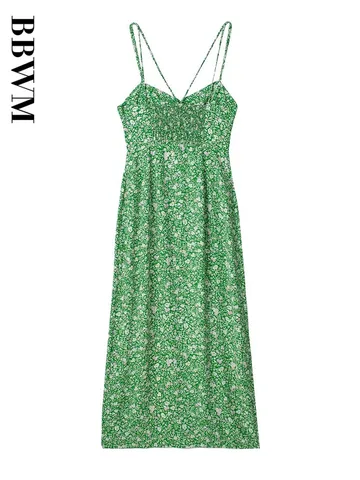 2023 Strap Dress Women Print Corset Midi Dress Vintage Sexy Backless Beach Dresses Chic Female Summer Split Evening Dress