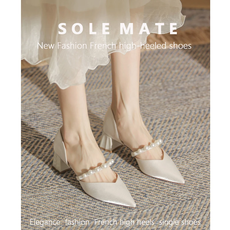 SOLEMATE Women's Leather Pearl Pointed Toe Flat Shoes Stylish Satin Mid Chunky Mary Jane Sandals, Essential High Heels for Women