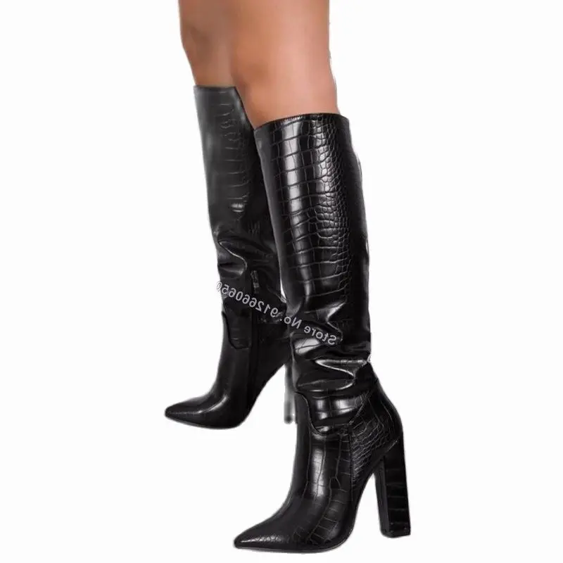 Moraima Snc Black Side Zipper Stone Print Boots for Women Knee High Boots Chunky Heel Stilettos High Heels Runway Shoes on Heels