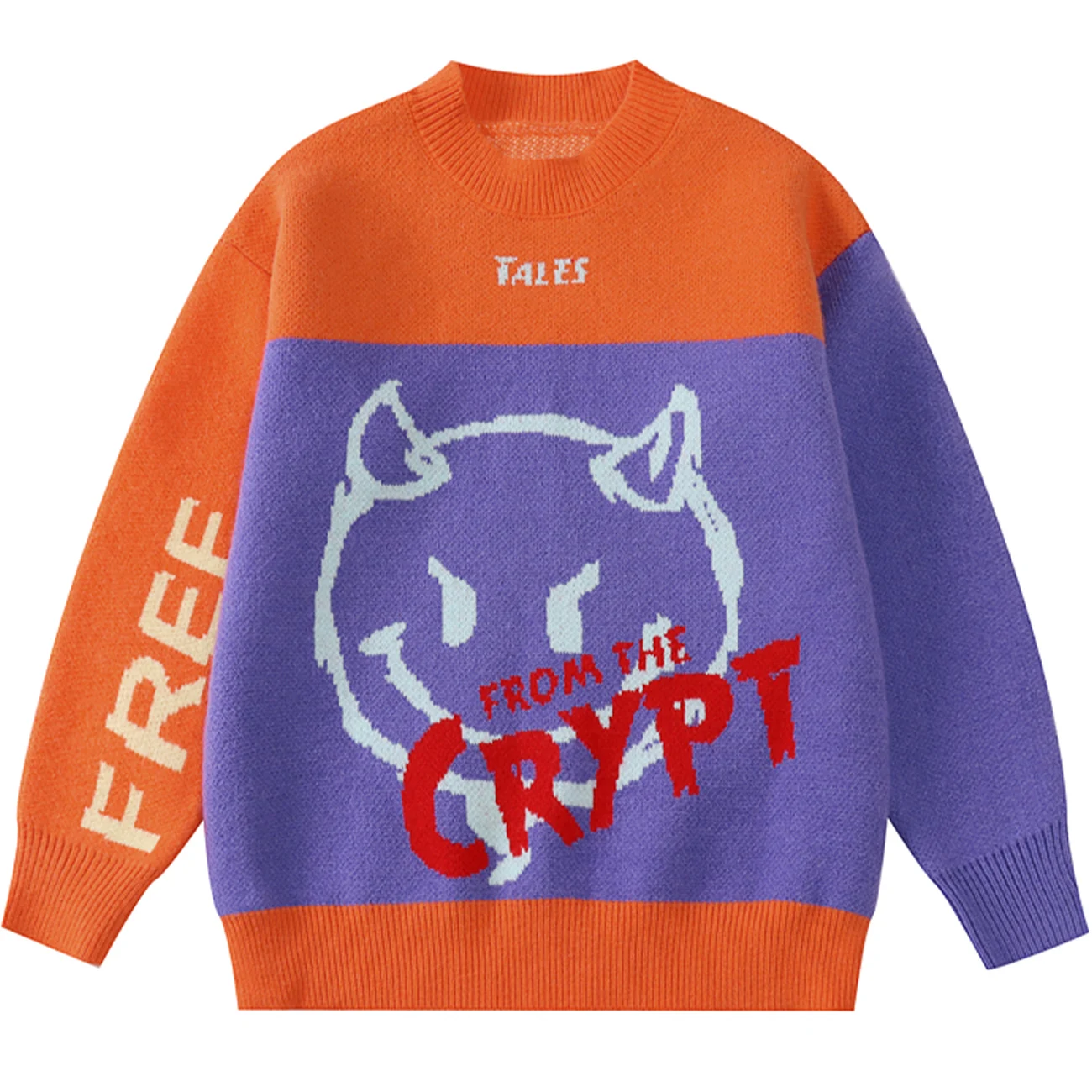 

LACIBLE Letters Demon Pattern Color Block Knit Sweater Loose Casual Knitted Sweater Pullover Men Streetwear Fashion Knitwear Top