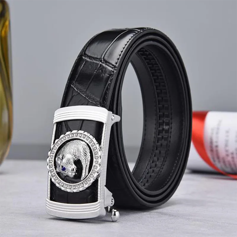 

Men Belts Genuine Leather High Quality Leopard Metal Diamond Buckle Belts for Men Luxury Business Wedding Dress Strap ZD2139