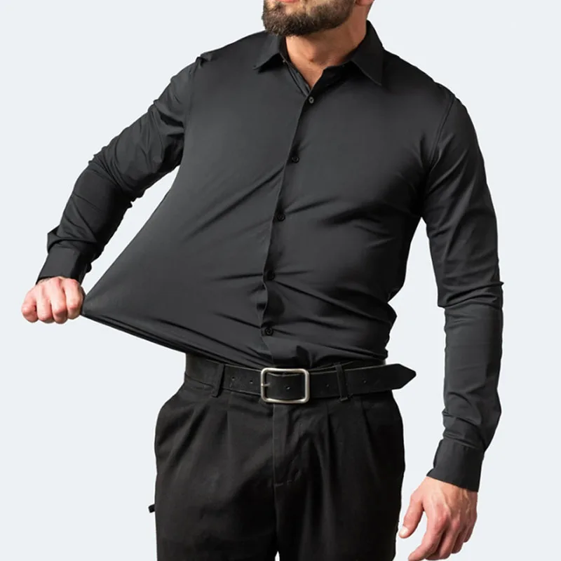

6xl New autumn and winter elastic force non-iron men's long-sleeved business casual shirt solid color mercerized vertical shirt
