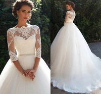 three quarter sleeves whiteivory a line women long wedding dresses bride dresses lace appliques ball gown elegant wedding gowns