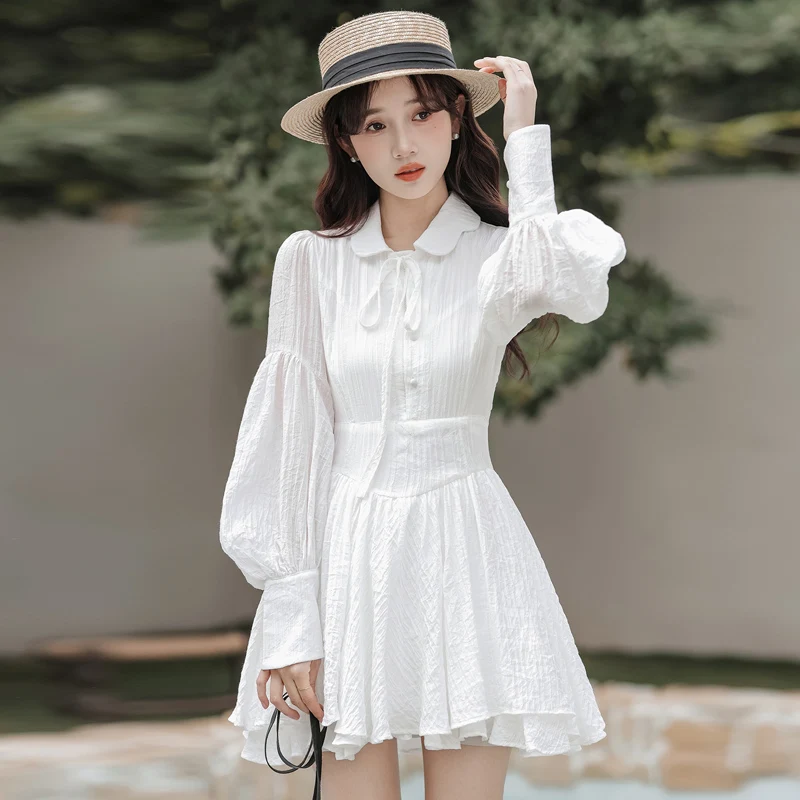 Женское однотонное шифоновое платье белое с длинным рукавом воротником Питер