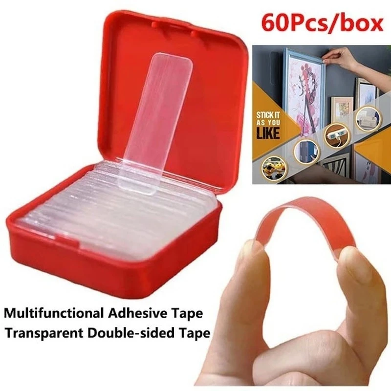 

60 pcs/Box Double Sided Adhesive Tape Reusable Multifunctional Removable Washable Tape for Walls/Wood/Tile/Plastic/Metal Surface