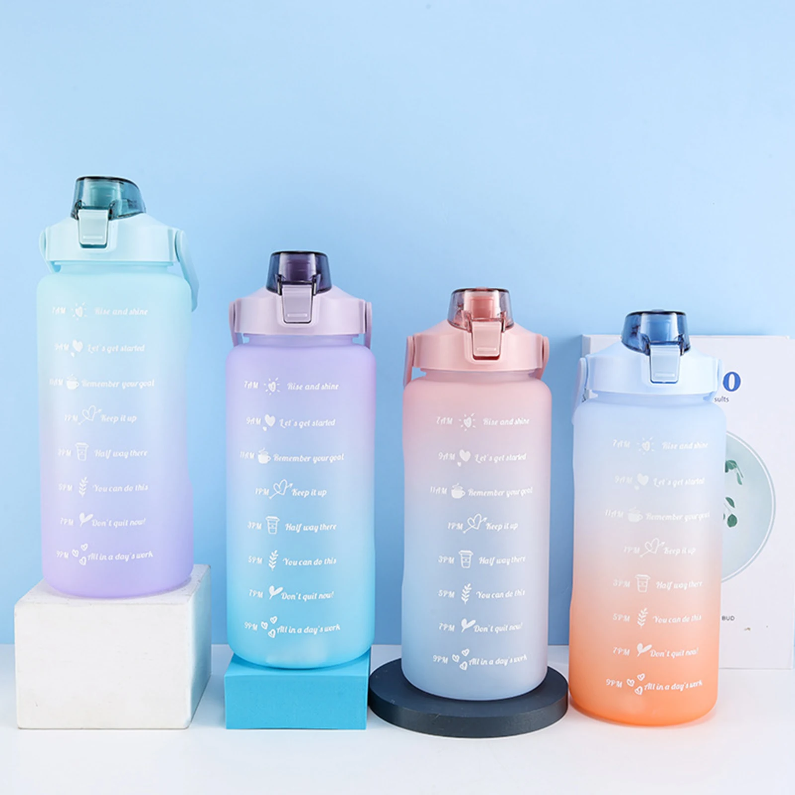 

2 Liter Large Capacity Free Motivational With Time Marker Fitness Jugs Gradient Color Plastic Cups Outdoor Frosted Water Bottle