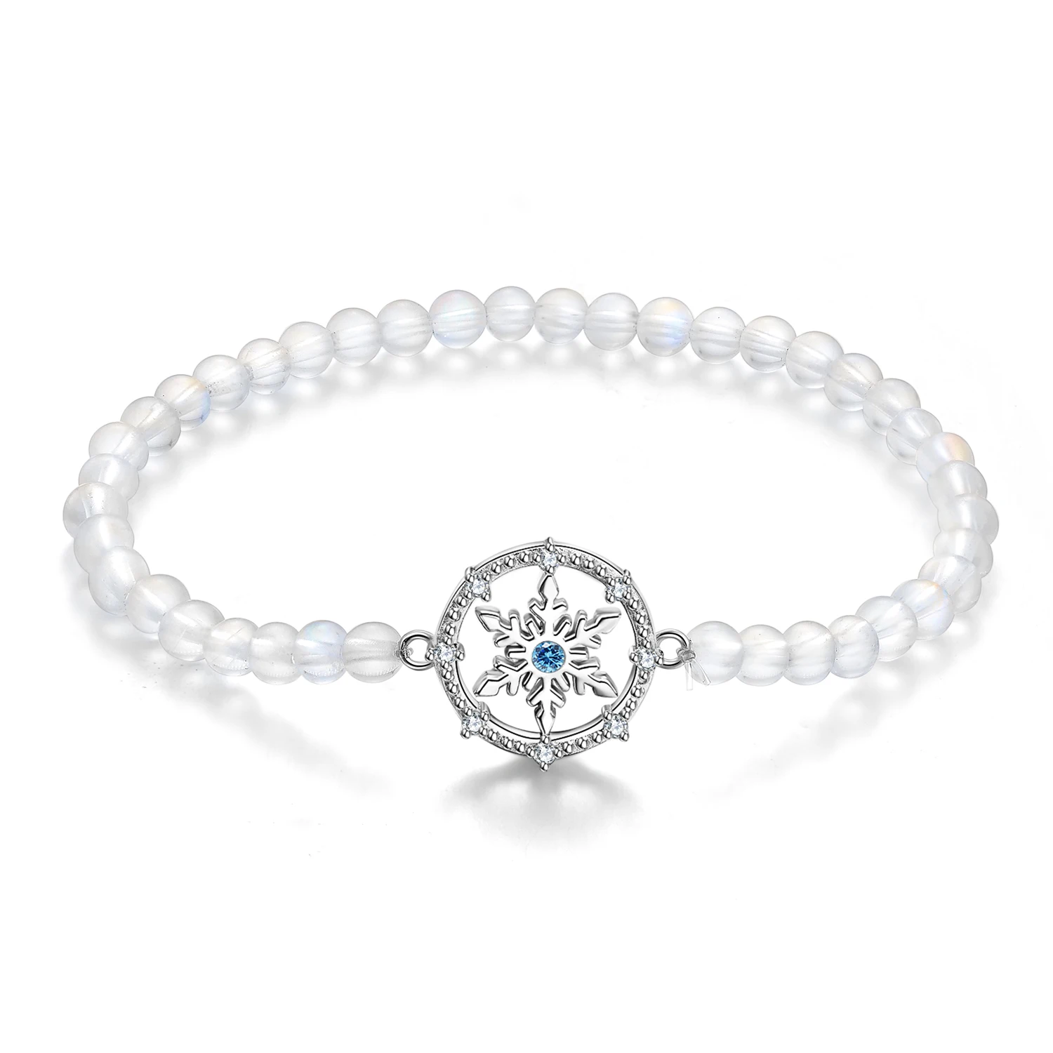 

ogulee 925 Sterling Silver Snowflake Bead Natural Transparent Moonstone Elastic Bracelet Forever Love Women Fashion Bracelets