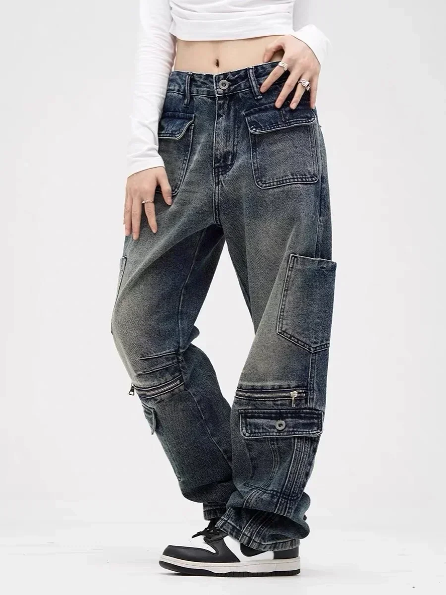 niebieskie jeansy damskie 2024 модные винтажные уличные брюки в стилі хіп-хоп широкие прямые