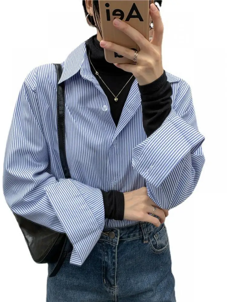 

Рубашка женская в полоску, элегантный топ с длинным рукавом, офисная блузка свободного покроя, повседневная одежда с принтом в полоску, весн...