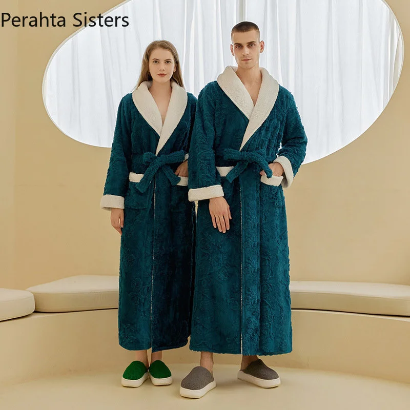 

Quality Winter Bathrobe High Men Lapel Jacquard Flannel Robe Women Fashion Thick Warm Dressing Gown Plus Size XXXL
