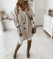 autumn winter warm jacket women solid colors loose single breasted button pocket three quarter sleeve long wool coats plus size