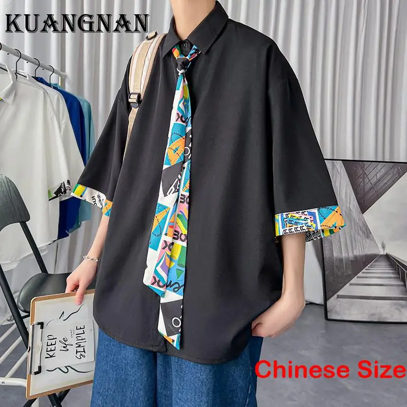 

KUANGNAN Patchwork Social Male Shirt for Men Tops Men's Clothing Luxury Clothes Half Sleeve Shirts Korean Blouse 2XL 2023 Summer