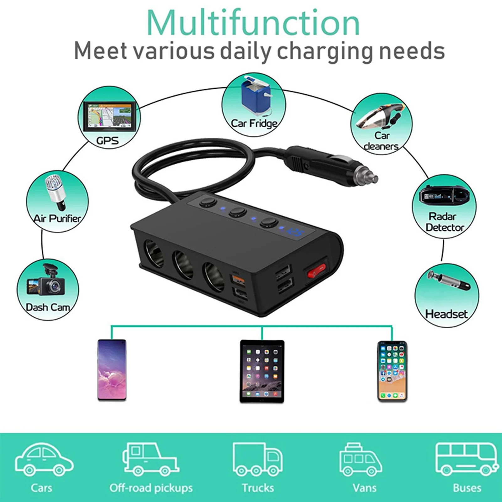 

USB Car Cigaret Te Lighter Distributor Car Charger Adapter 3-way 180W 4 USB Ports 12V/24V Car Distributor Socket for Phone