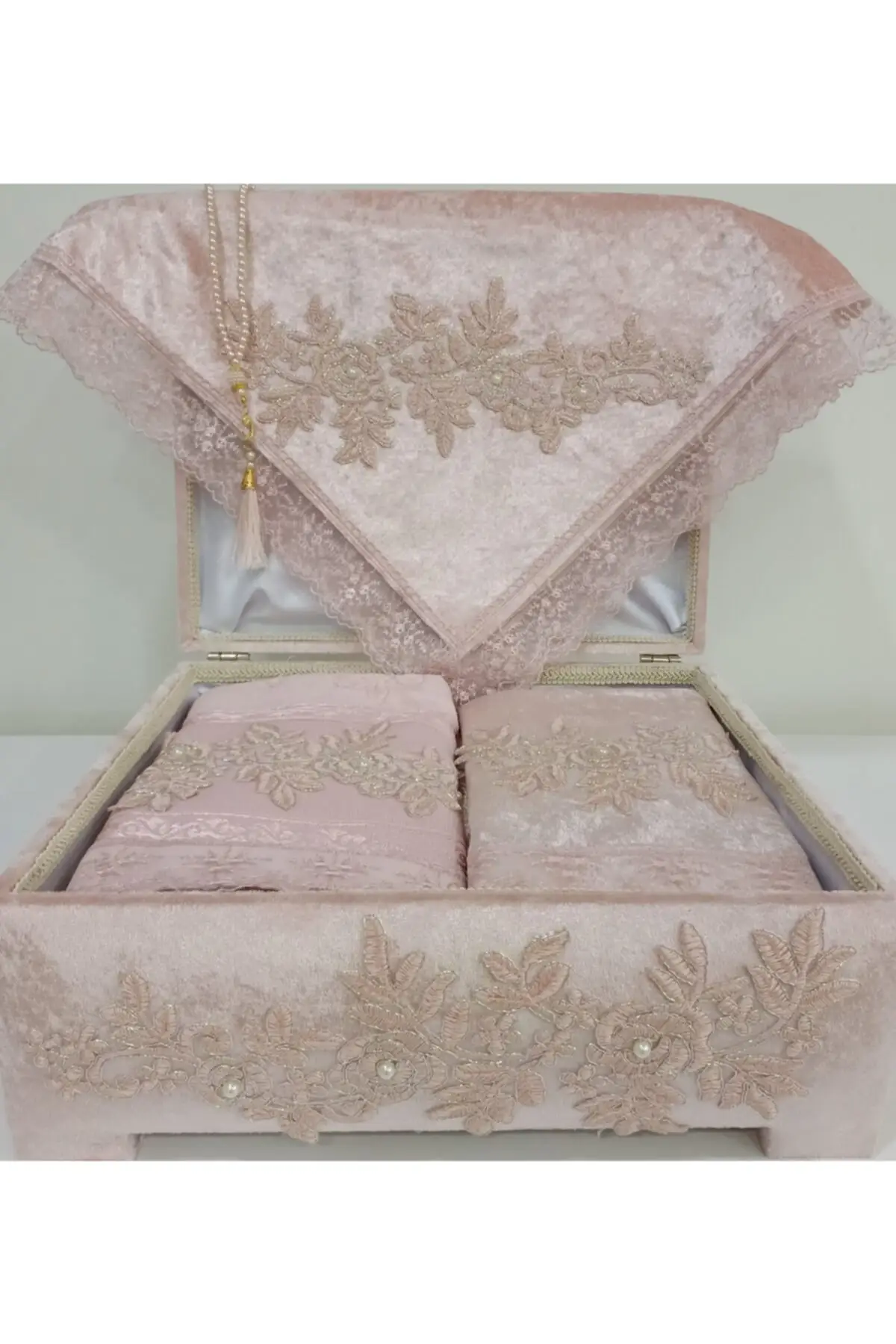 Coffer Prayer Rug Team Prayer Rug Set Bridal Groom Bohça Dowry Set-Powder