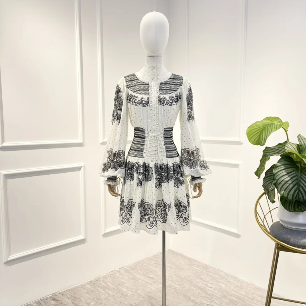 

Special Design Elastic Waist White Cotton Mini Dress Women New 2022 Autumn Lantern Sleeve Handmade Black Embroidered Polka Dot