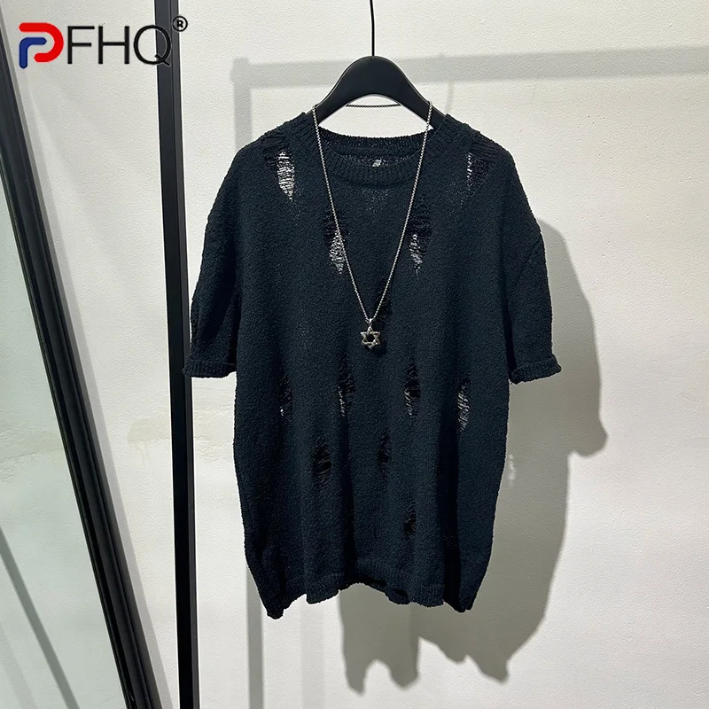 

PFHQ 2023 Summer New Fashion Casual For Men's T-shirt Solid O-neck Short Sleeve Loose Hollow Out Knitting Tops Men Tide 21F3965