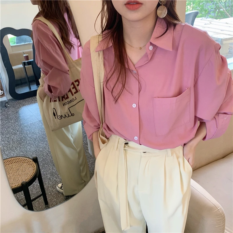 

Korean Spring New Solid Color Women Shirt Goddess Loose Gentle Sweet Long-sleeved Shirt Button Up Top Pocket Camisas Mujer 2022