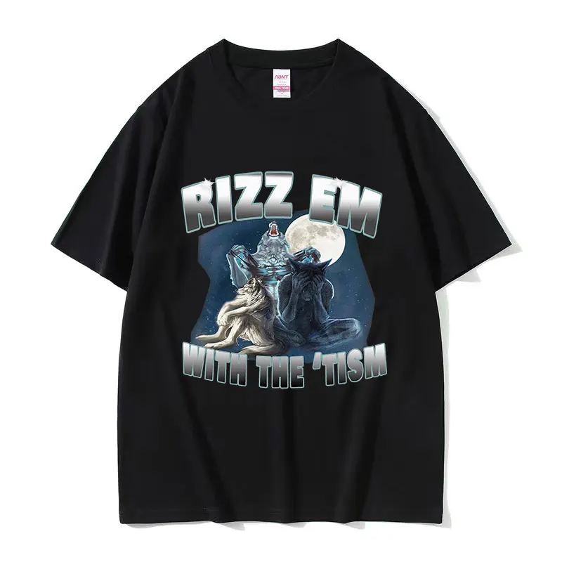 Rizz Em with The Tism Wolf Забавная футболка с мемом Мужская мода О-образным вырезом
