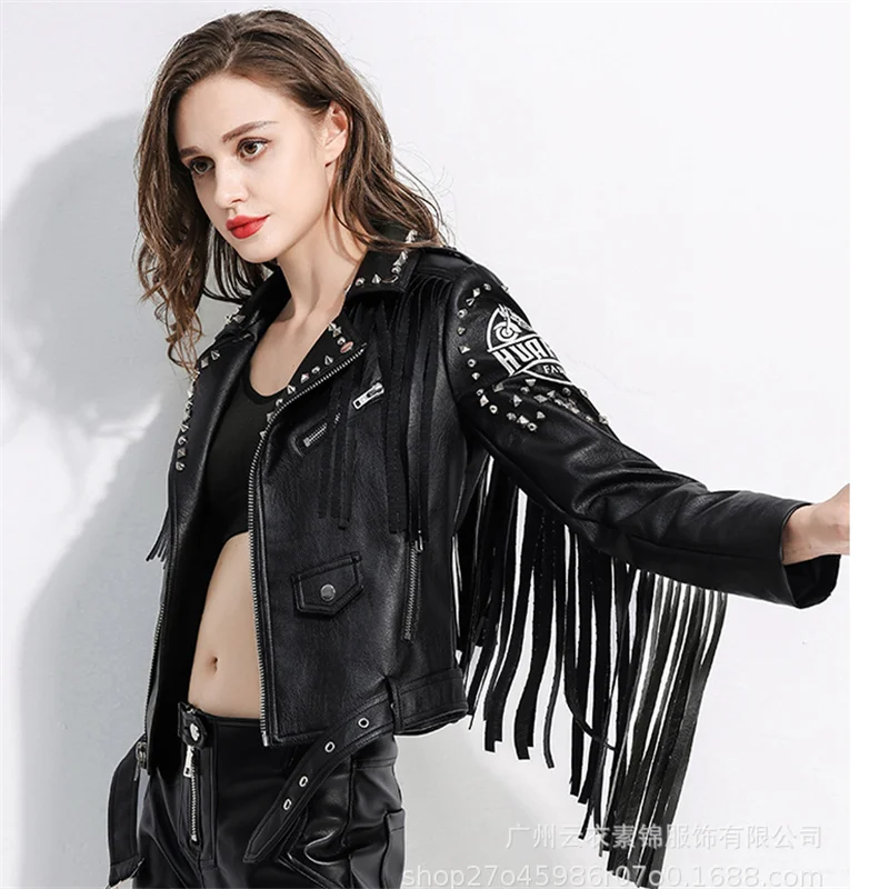 European Women'S Motorcycle Leather Coat New Spring And Autumn Personality Rivets Tassel  Jacket Fashion Perso