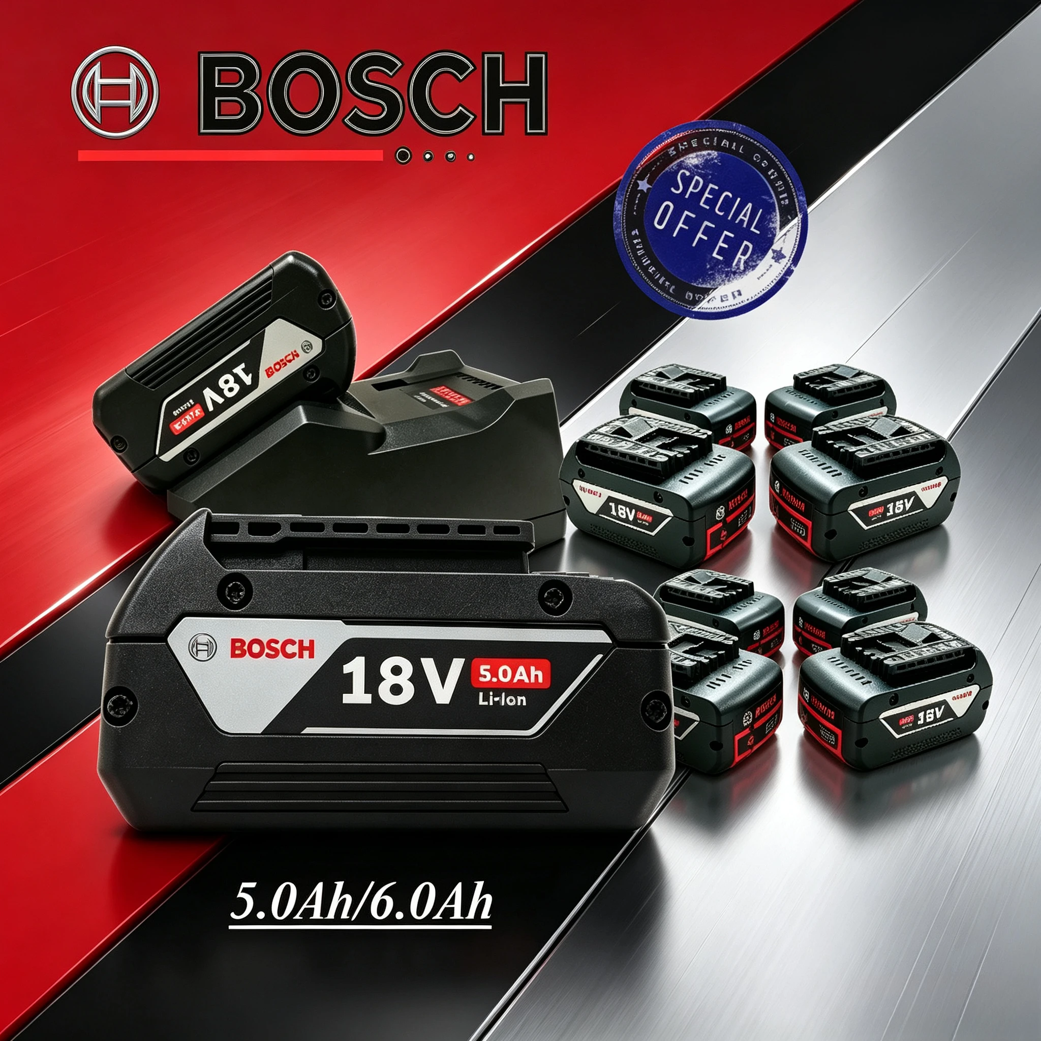 Фото Аккумулятор Bosch 18V 5.0Ah с двумя литиевыми элементами, умной зарядной станцией, усиленной защитой углов, прошедший строгие промышленные стандарты безопасности. №1