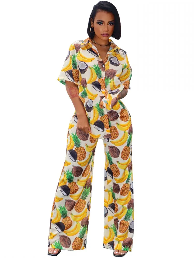 

Women 2 Piece Sets Outfits Short Sleeve Shirt Tops And Wide Leg Pant Suits Summer New Fashion Print Street Style Casual Set 2022