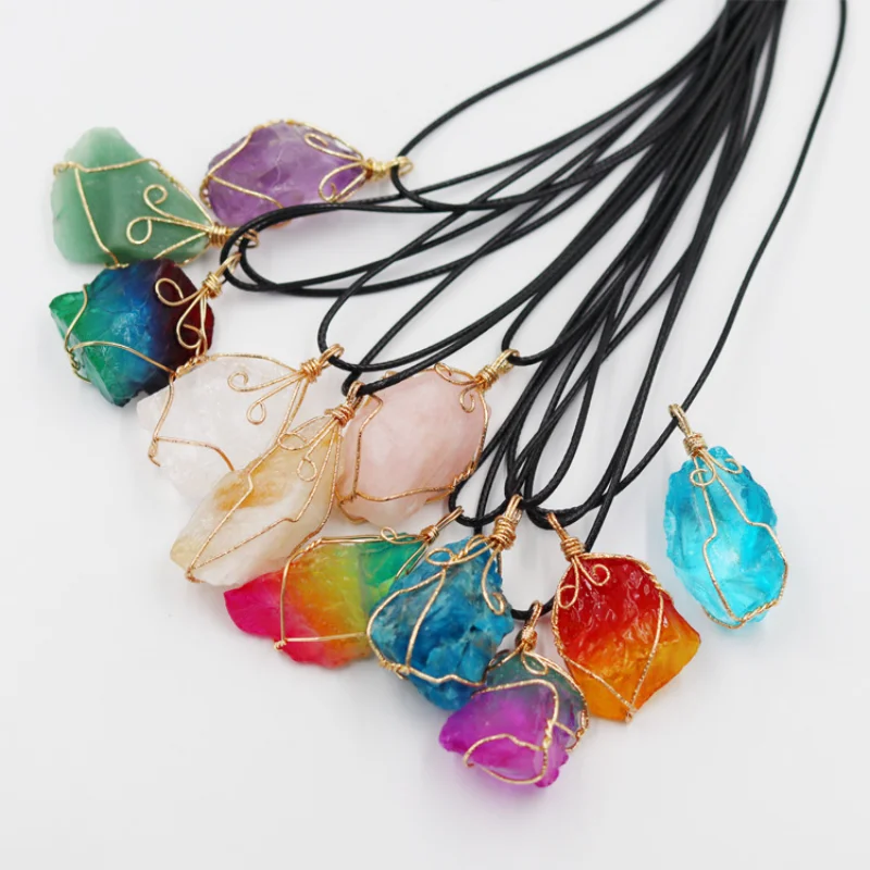 

12pcs Rainbow Irregular Raw Fluorite Crystal Pendant Healing Amethysts Stone Necklace Copper Winding Meditation Men Necklace