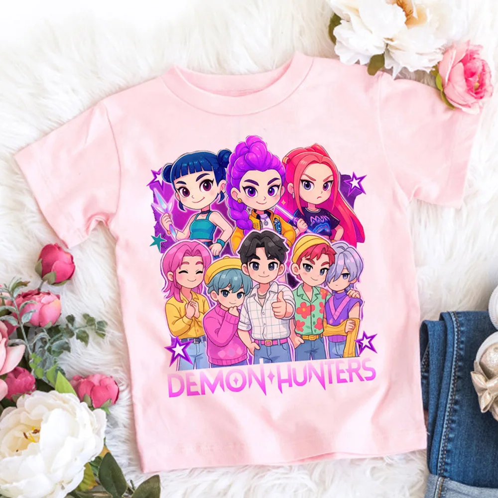 Фото Футболка Kpop «Охотники на демонов», детская одежда с принтом аниме и мемов, базовые топы с круглым вырезом для мальчиков, повседневные рубашки, подарок №2