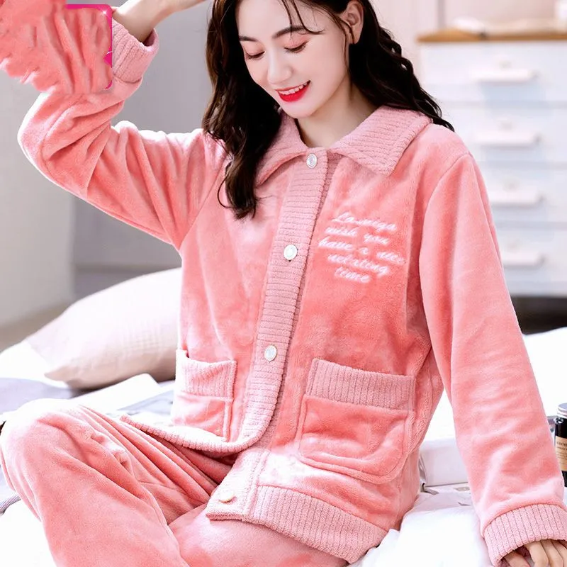 Winter Pajamas Set Sexy Plaid Sleepwear For Women Soft Warm Flower Thick Pyjama Women's Winter Fashion Casual Flannel Homewear