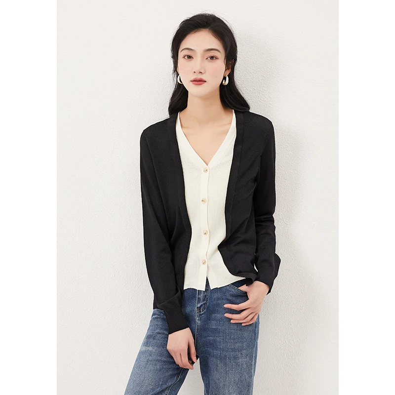 

fake 2 piece cardigans women high-quality wool long sleeve sweater women top black blue