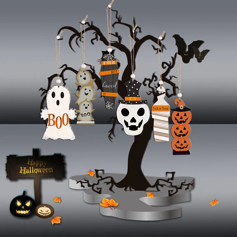 

Halloween Wooden Hanging Ornaments Halloween Tree Decorations Pumpkin Ghost Decors For Halloween Party