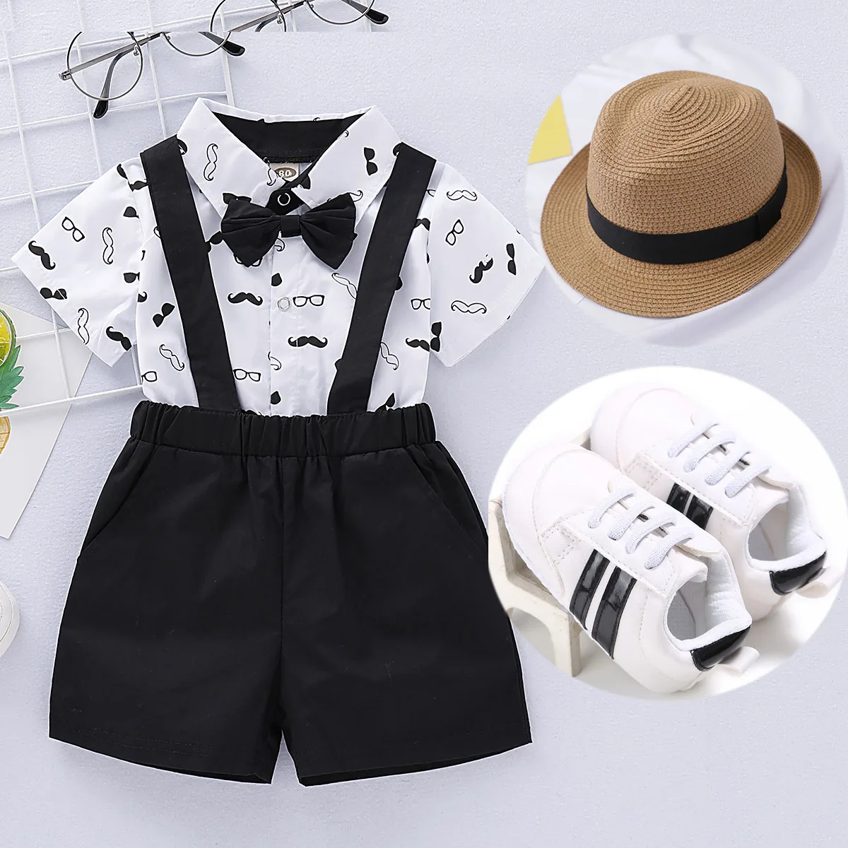 Baby Boy Clothing 1 Year Birthday Cake Smash Outfit Romper Suit Set with Suspender Pants for Wedding Party Summer Holiday Wear