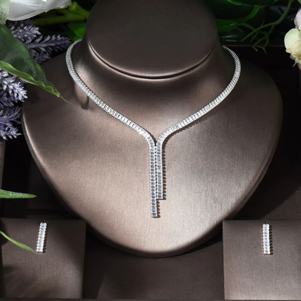 

Fashion Top Square Cubic Zirconia Party Prom Necklace and Earrings Brides Jewelry Sets for Wedding Bridesmaid Accessories N-975